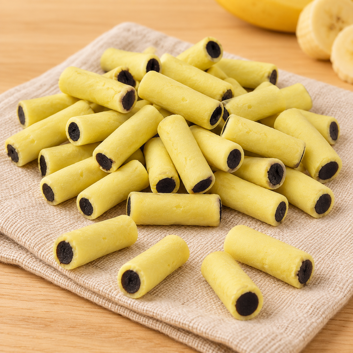 Banane Stücke klein – Nahaufnahme des gelben Überzugs und dunklen Lakritzkerns