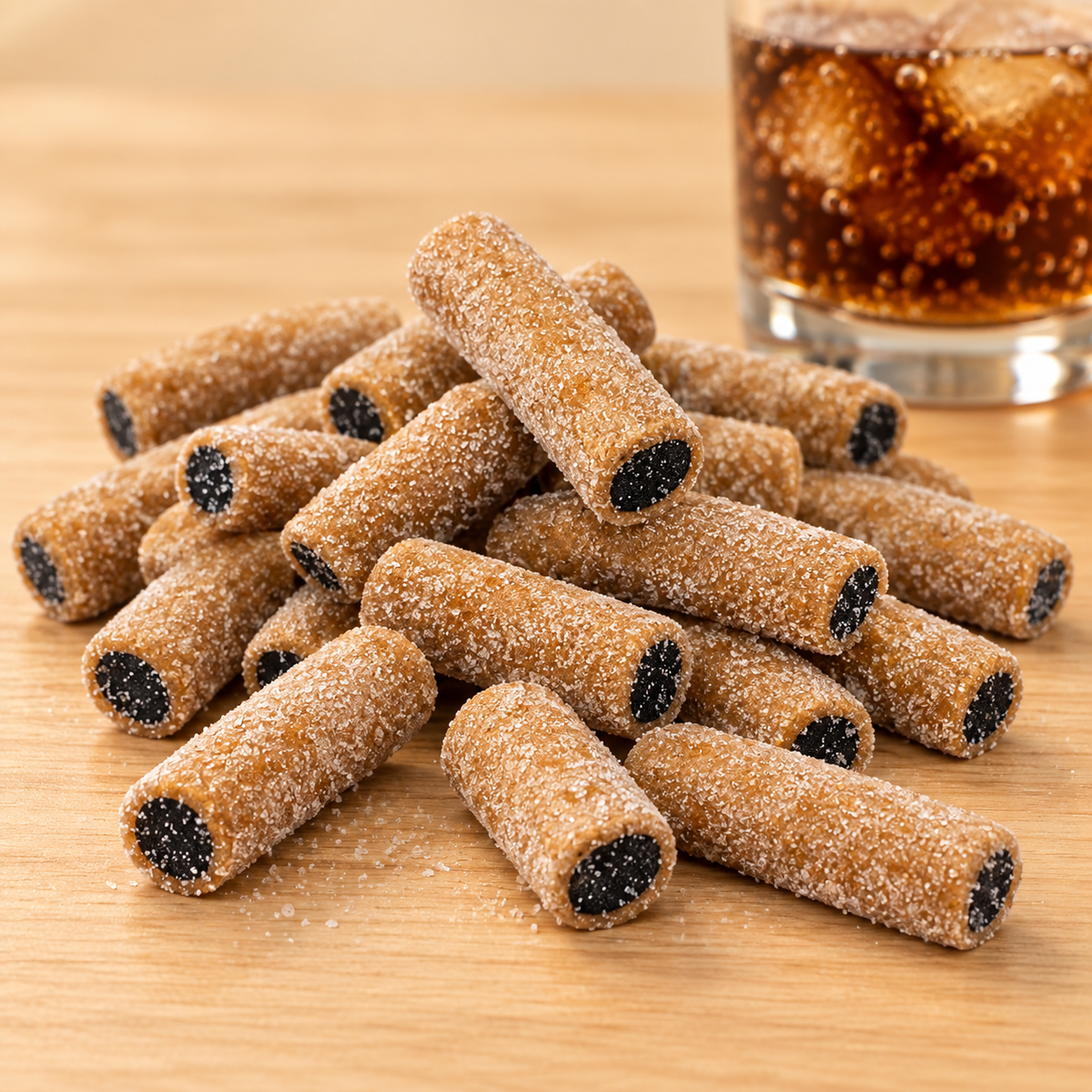 Saure Cola Stücke klein – Nahaufnahme des hellbraunen Zuckerüberzugs und dunklen Lakritzkerns auf Holz