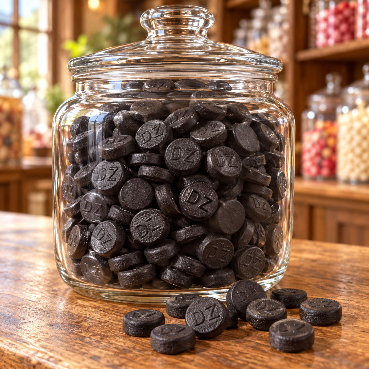 Doppelte Salzdröhnung: runde Salzlakritztaler mit DZ-Prägung im Bonbonglas