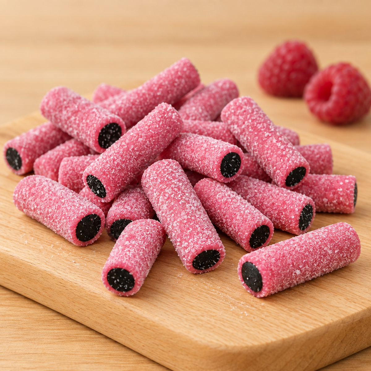 Saure Himbeere Stücke klein – Nahaufnahme des rosa Zuckerüberzugs und dunklen Lakritzkerns auf Holz