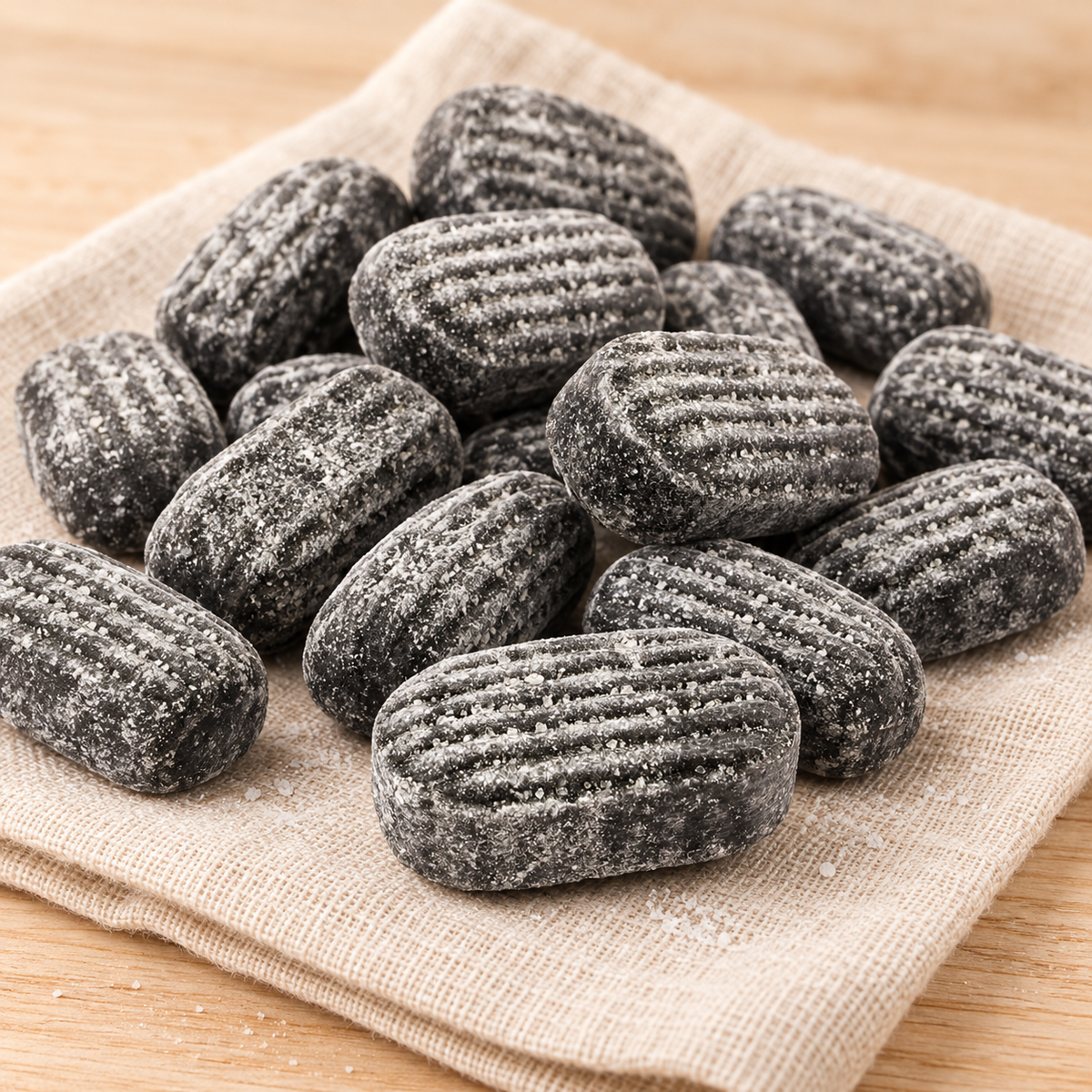 Salmiakbonbons – mit Pulverkern – Nahaufnahme der geriffelten Bonbons auf hellem Leinen