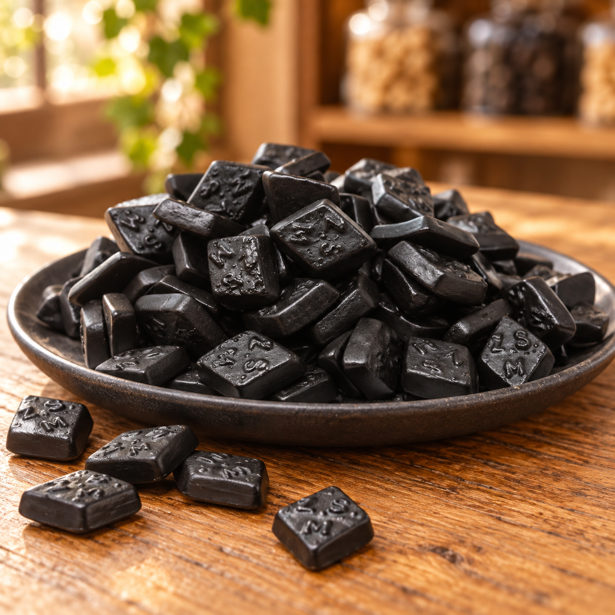 Zuckerfreie Salzrauten – schwarze Lakritzrauten auf einem dunklen Keramikteller