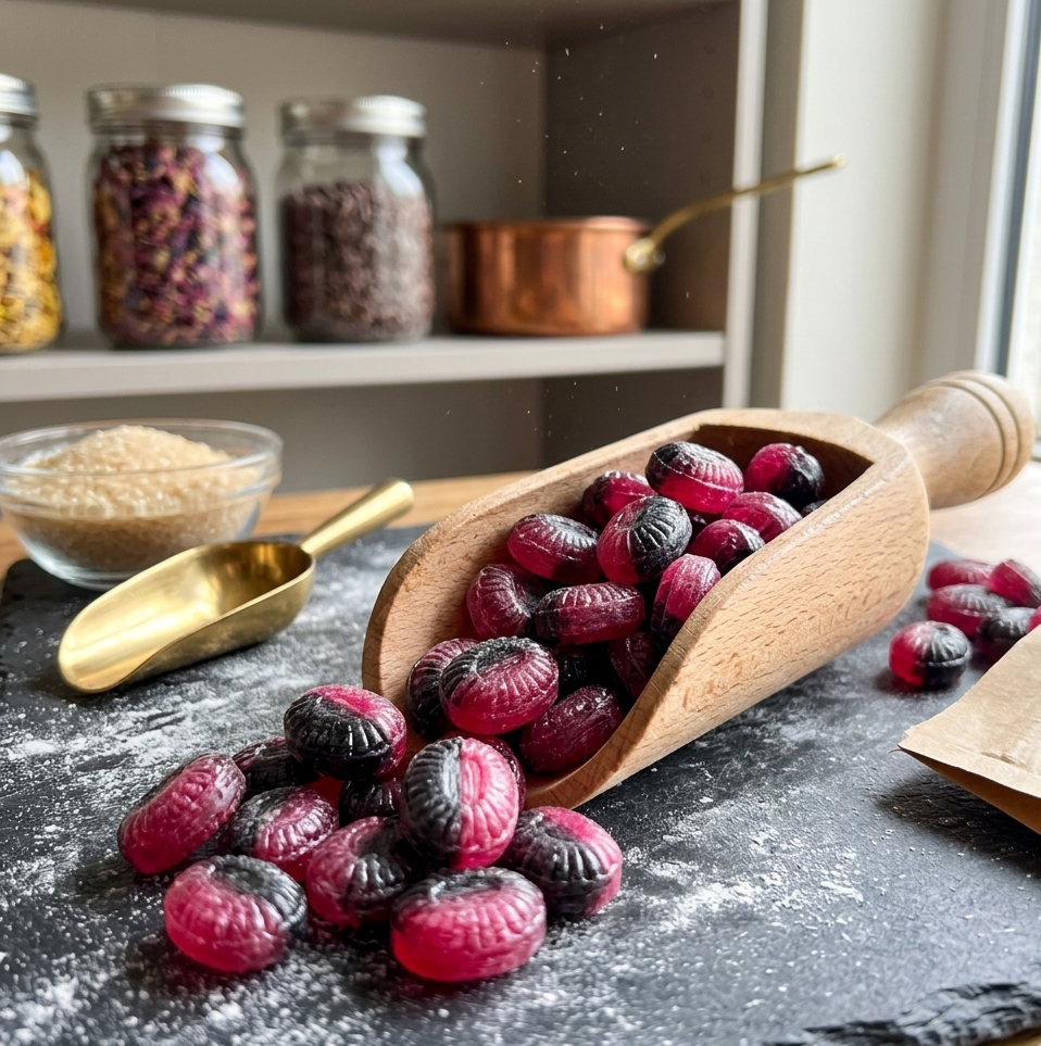 Himbeer-Lakritz-Karamellbonbon mit Salzlakritzpulver (vegan, gelatinefrei, glutenfrei)
