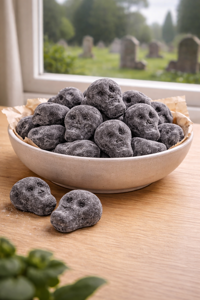 Skandinavische Lakritz – Totenkopfbonbons mit Pfefferkick vor Fenster – Sweet & Salty 