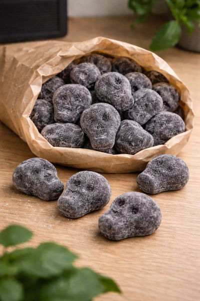 Skandinavische Lakritz – Totenkopfbonbons mit Pfefferkick in einer Tüte – Sweet & Salty 