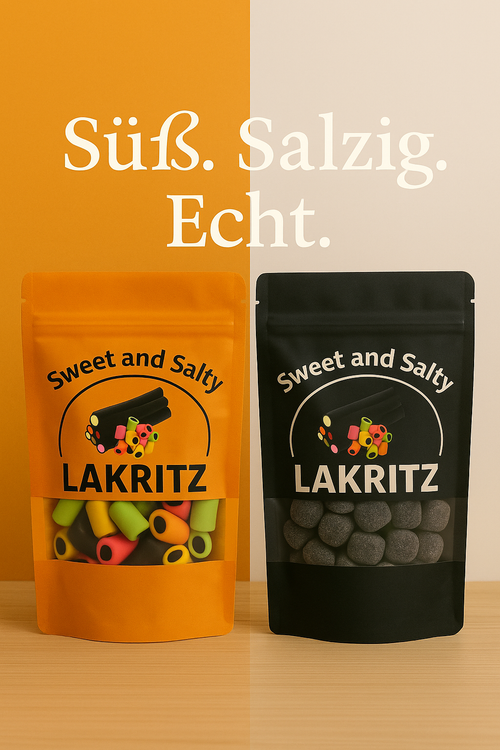 Skandinavische Lakritz – zwei Verschiedene Tüten vor einer Wand – Sweet & Salty 