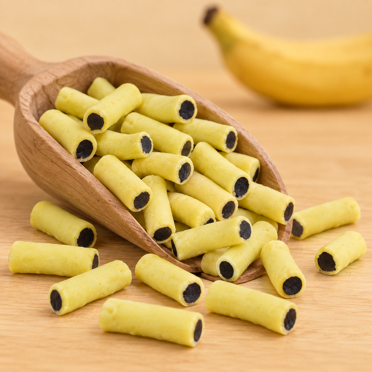Banane Stücke klein – finnisches Lakritz mit Bananenüberzug in einer Holzschaufel