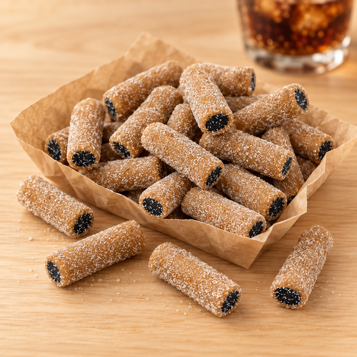 Saure Cola Stücke klein – finnisches Lakritz mit saurem Colaüberzug in einem Papierschälchen