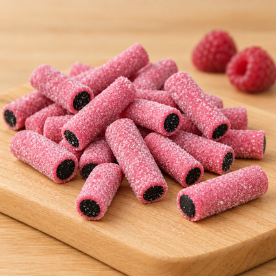 Saure Himbeere Stücke klein – Nahaufnahme des rosa Zuckerüberzugs und dunklen Lakritzkerns auf Holz