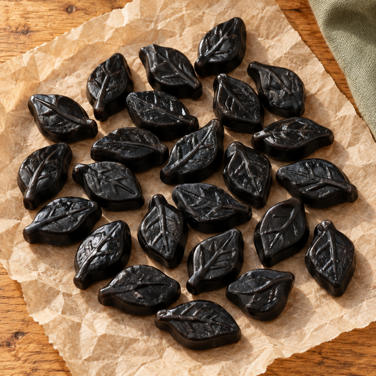 Zuckerfreie Kräuter-Lakritzblätter auf Backpapier und Holztisch