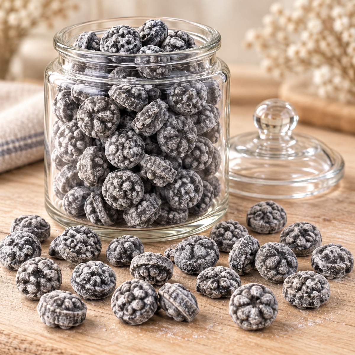 Salmiakblüten – schwedische Salzlakritz-Bonbons – Salzlakritz-Bonbons mit Blütenprägung im Bonbonglas