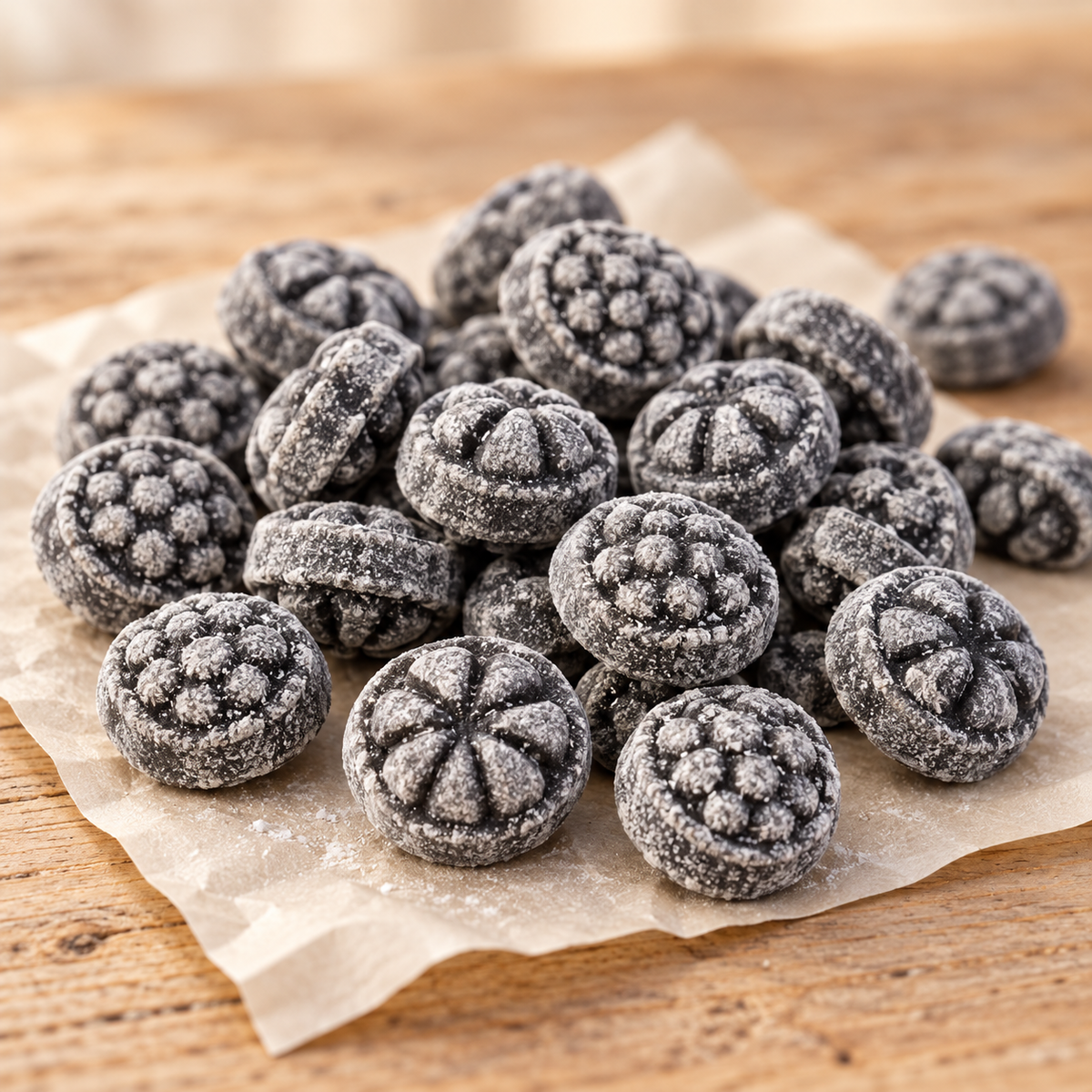 Salmiakblüten – schwedische Salzlakritz-Bonbons – Nahaufnahme der gepuderten Bonbons mit verschiedenen Prägungen