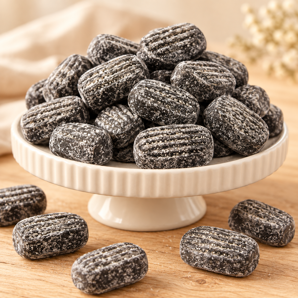 Salmiakbonbons – mit Pulverkern – finnische Salmiakbonbons auf einem cremefarbenen Podest