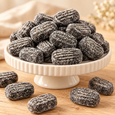 Salmiakbonbons – mit Pulverkern – finnische Salmiakbonbons auf einem cremefarbenen Podest