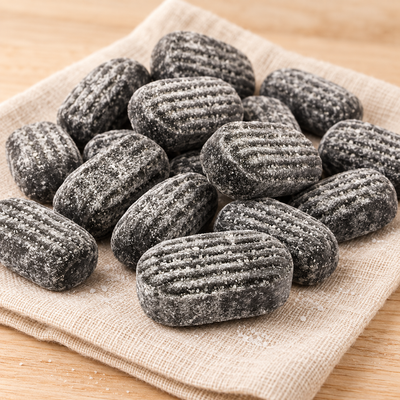 Salmiakbonbons – mit Pulverkern – Nahaufnahme der geriffelten Bonbons auf hellem Leinen