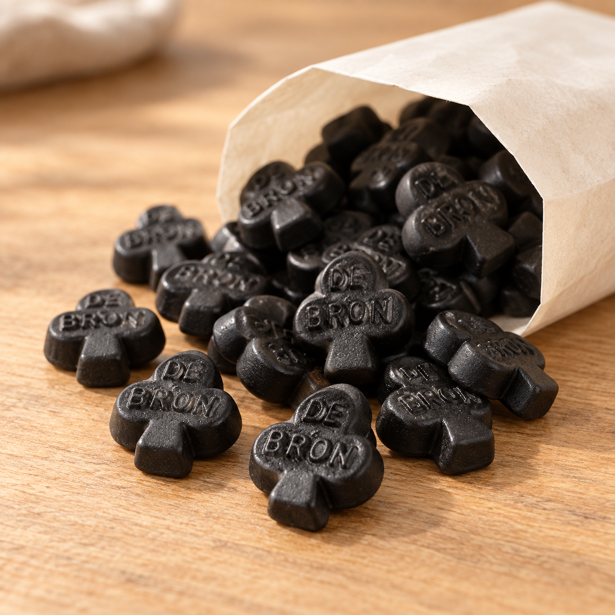 Salzglück – schwarze zuckerfreie Lakritzkleeblätter in einer offenen Papiermanschette