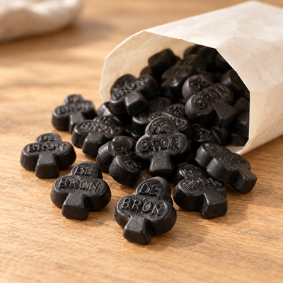 Salzglück – schwarze zuckerfreie Lakritzkleeblätter in einer offenen Papiermanschette