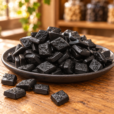 Zuckerfreie Salzrauten – schwarze Lakritzrauten auf einem dunklen Keramikteller